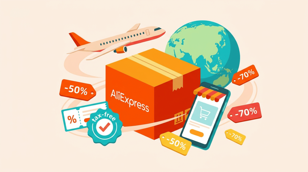 Caixa laranja AliExpress, avião, globo terrestre, smartphone com carrinho e etiquetas de desconto 50% e 70%