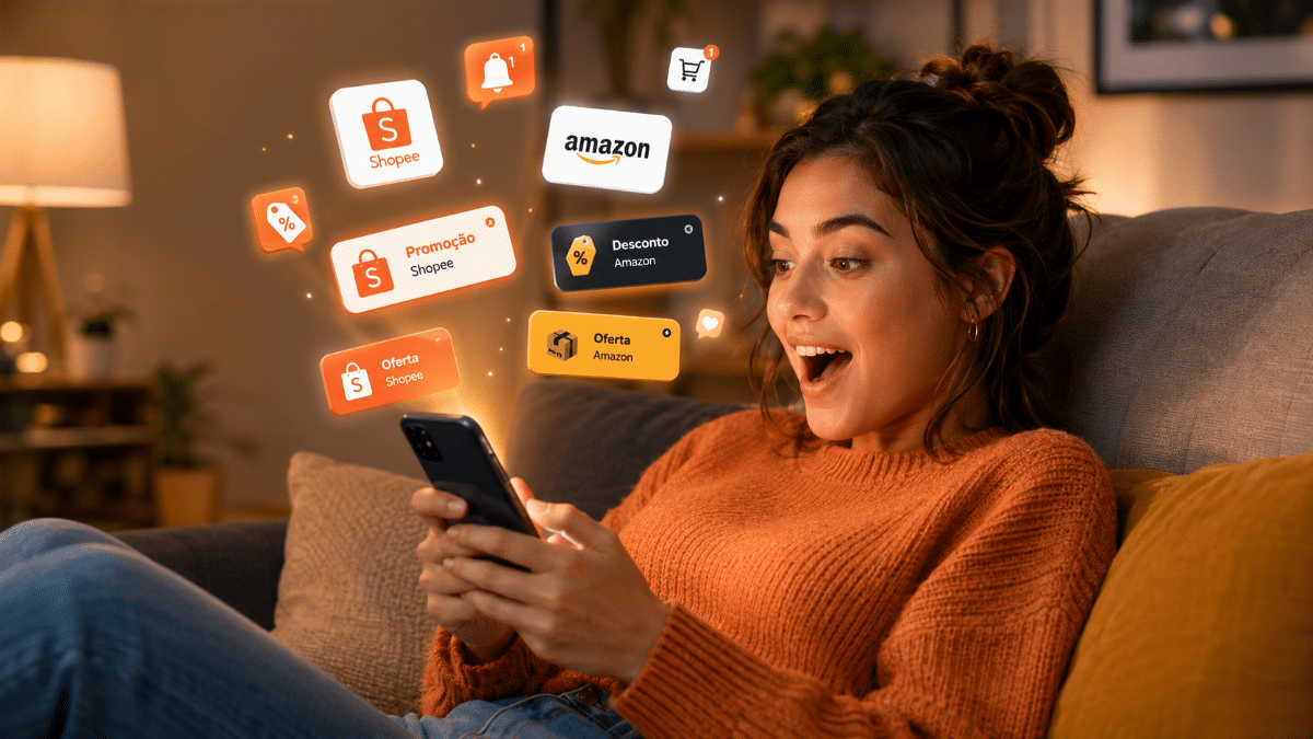 Mulher segurando cartão cercada por itens em promoção