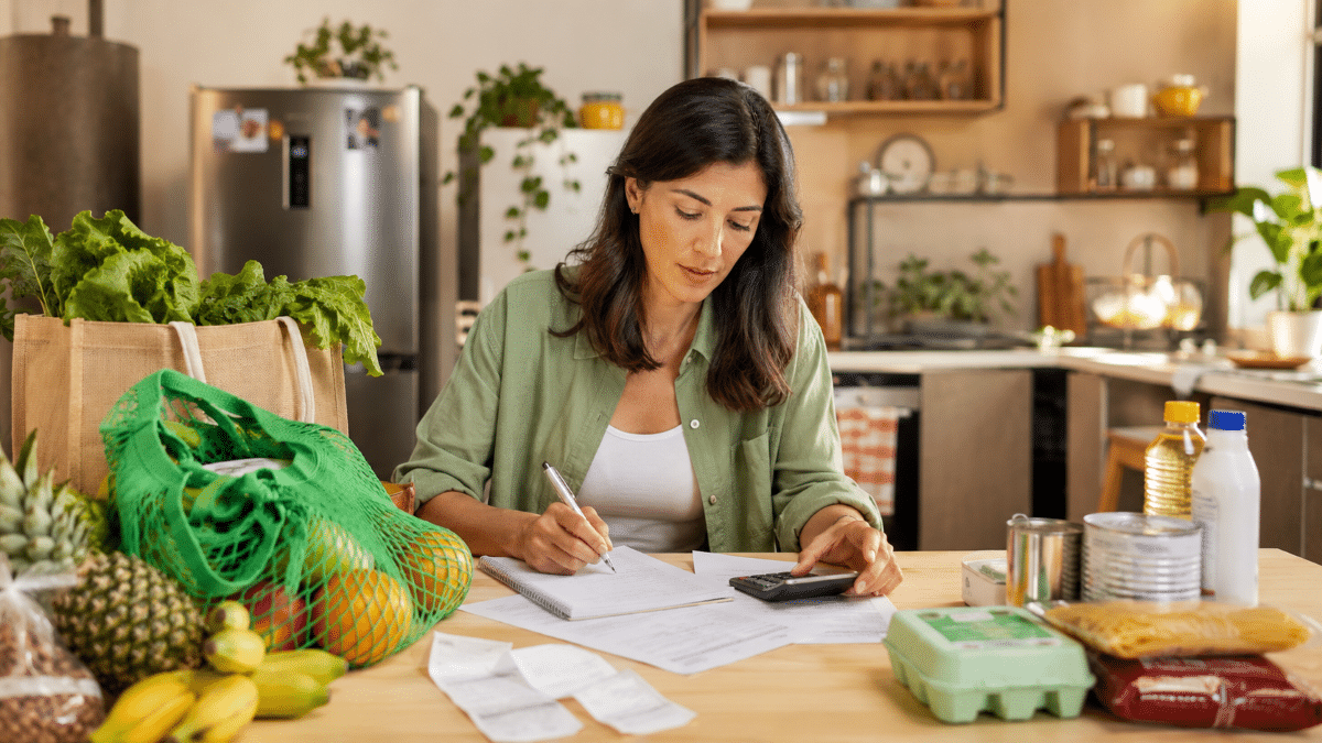 Mulher usando calculadora e anotações rodeada de alimentos, sacolas reutilizáveis e recibos em cozinha iluminada