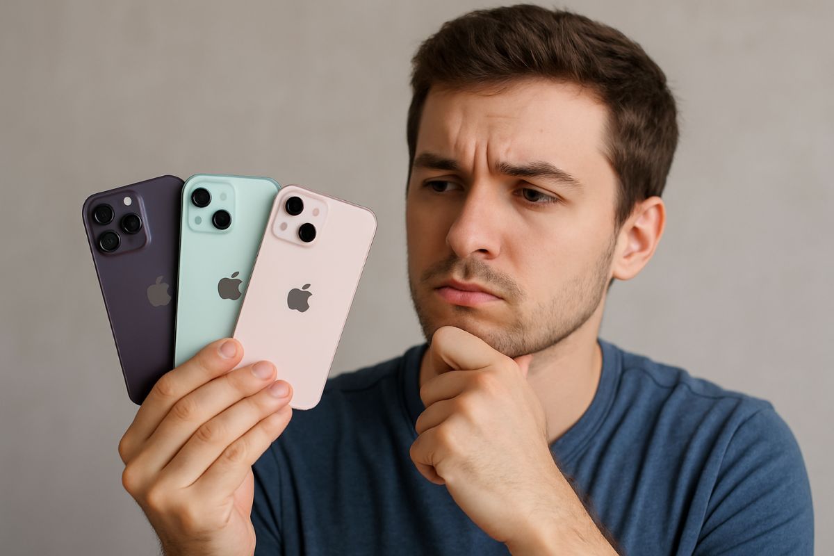 Homem observa pensativo três iPhones de cores diferentes, segurando-os lado a lado