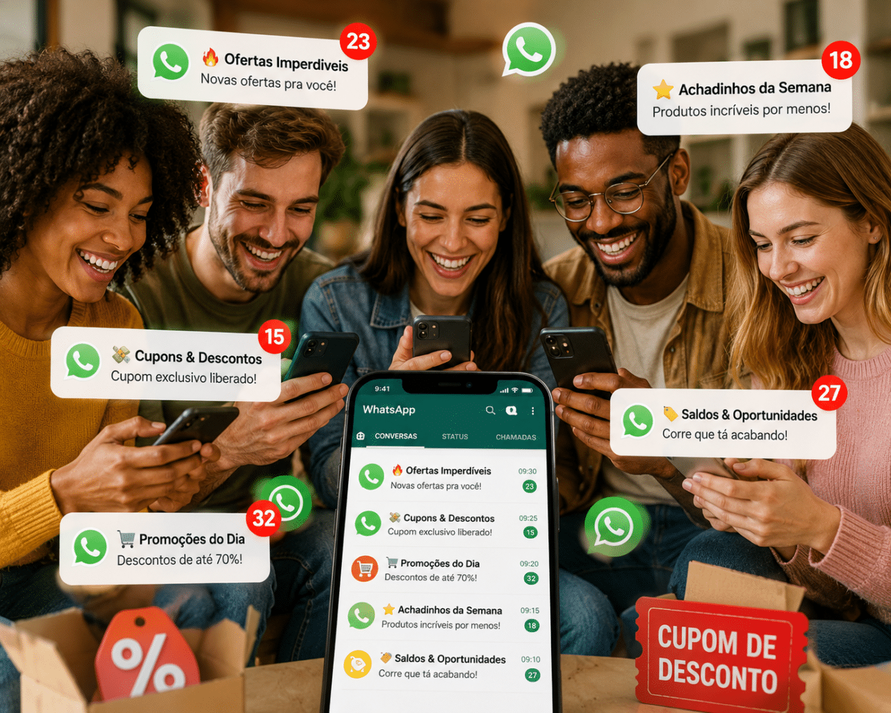 Quatro pessoas sorrindo ao olhar celulares, com notificações de ofertas e cupons do WhatsApp