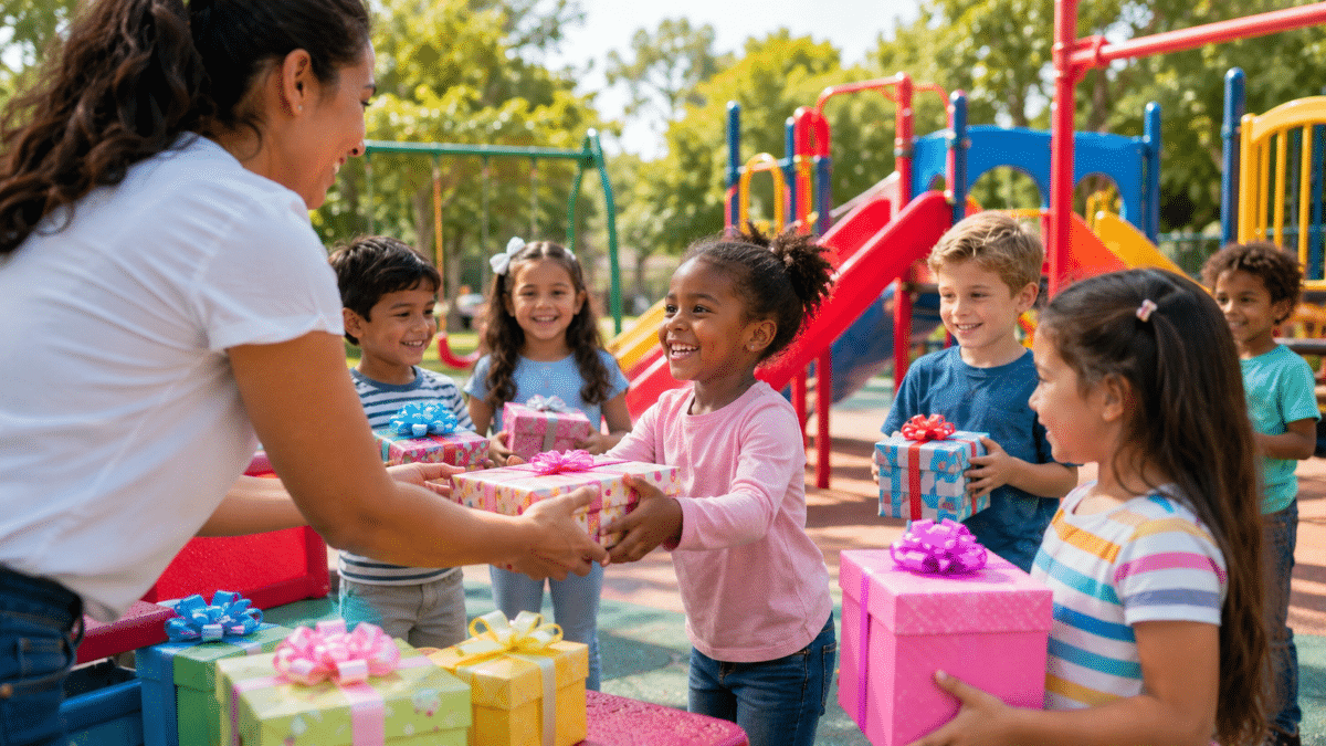 Seis crianças sorridentes recebem caixas de presente decoradas de uma mulher em parque infantil colorido