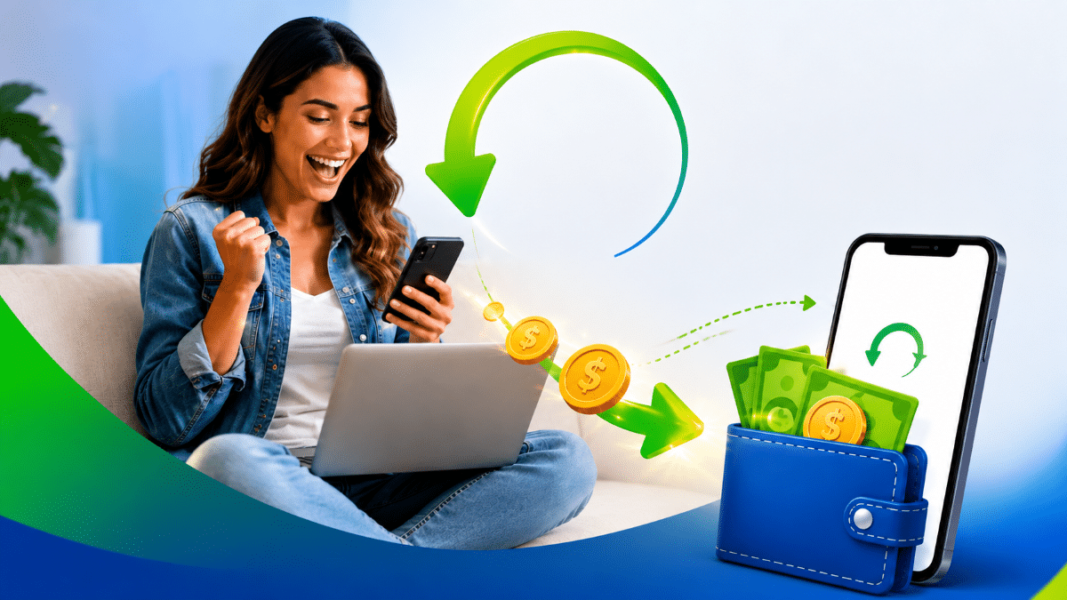 Mulher sorrindo segura celular ao lado de sacolas coloridas, laptop e ofertas de desconto e cashback na tela