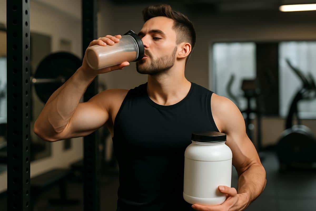 Homem musculoso tomando shake de whey protein com pote branco na mão em academia iluminada