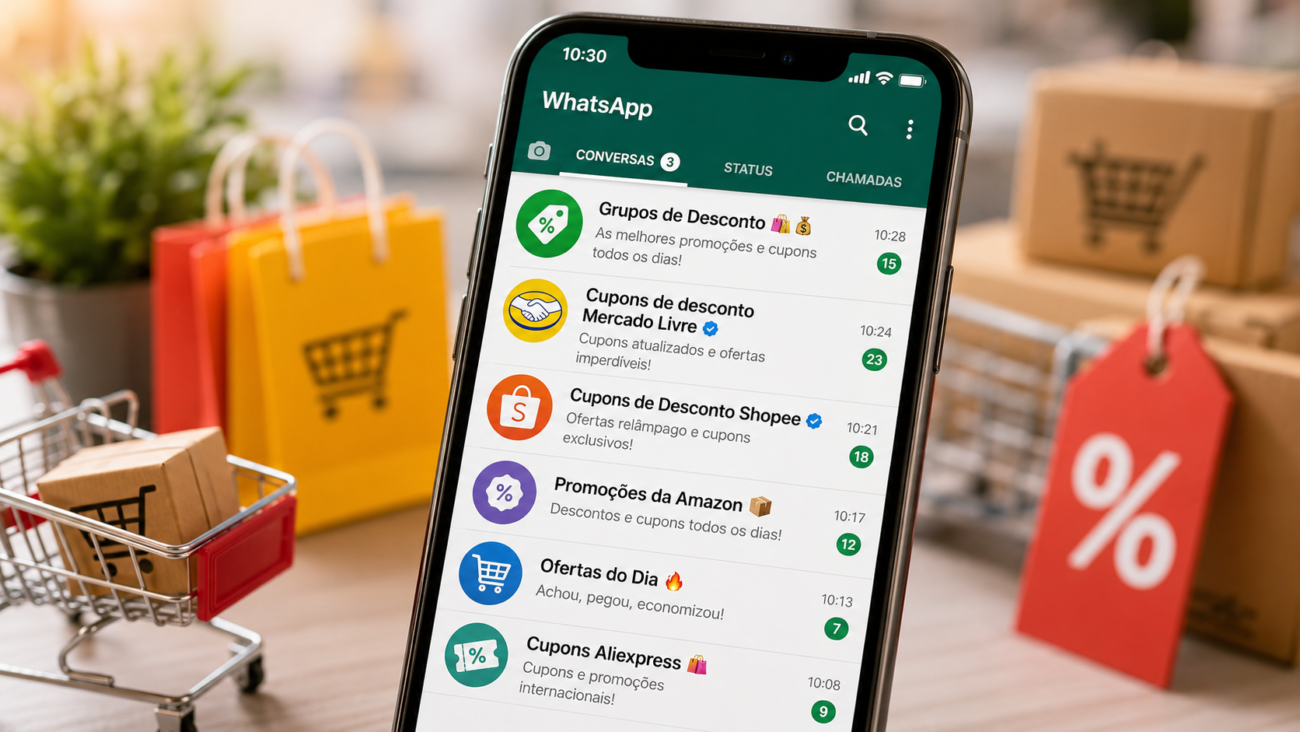 Smartphone exibe conversas de WhatsApp sobre cupons Mercado Livre, Shopee, Amazon e AliExpress com sacolas e mini carrinho de compras ao fundo