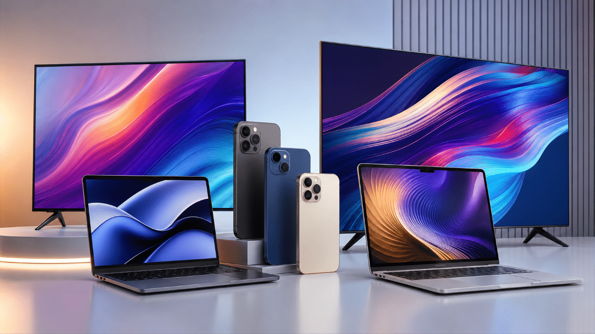 Dois notebooks MacBook, três iPhones modernos e duas smart TVs com telas abstratas coloridas, sobre mesa branca