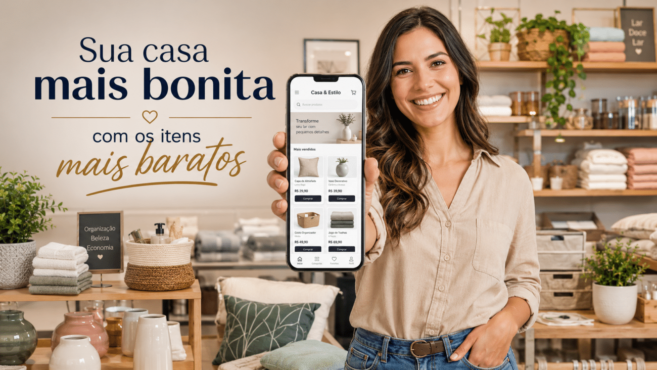 Mulher sorridente exibe celular com app de itens para casa em loja de decoração com prateleiras e plantas