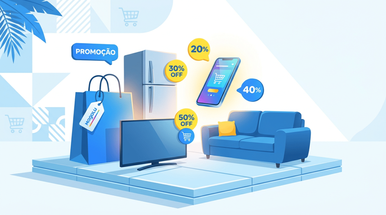 Sacola de compras, geladeira, TV, smartphone e sofá azul com selos de 20%, 30%, 40% e 50% OFF