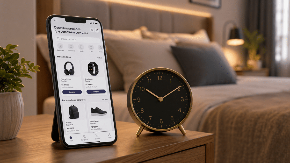 Smartphone exibindo loja online com produtos ao lado de relógio dourado marcando 8h10 em quarto moderno