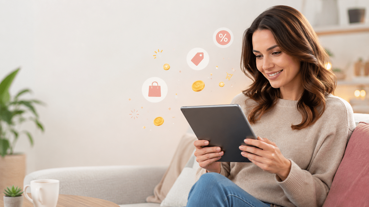 Mulher jovem segurando tablet sentada no sofá, ícones de compras flutuando ao redor