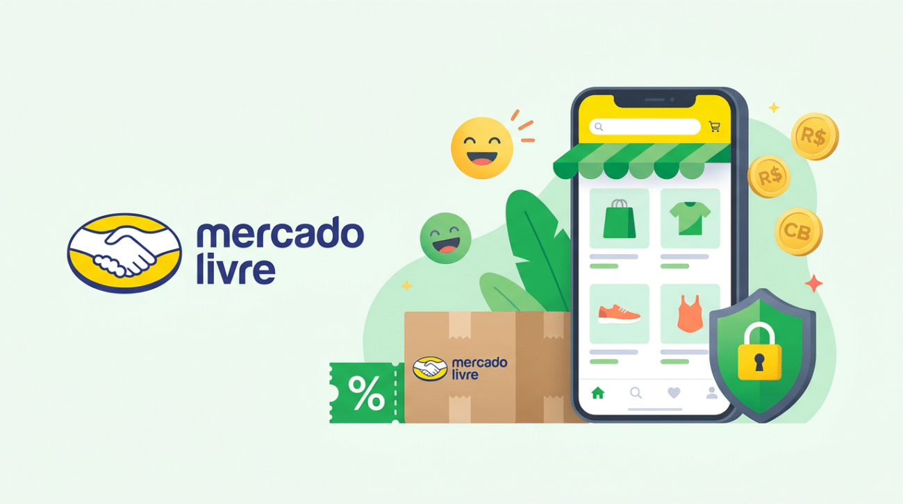 Logo Mercado Livre, celular exibindo loja virtual, moedas, caixa com selo de desconto e escudo de segurança