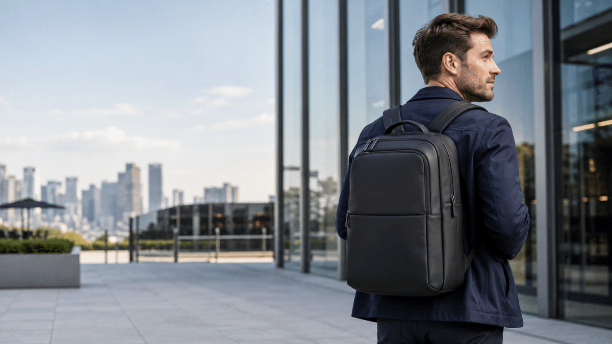 Homem de terno azul com mochila preta caminha próximo a prédio espelhado, cidade ao fundo