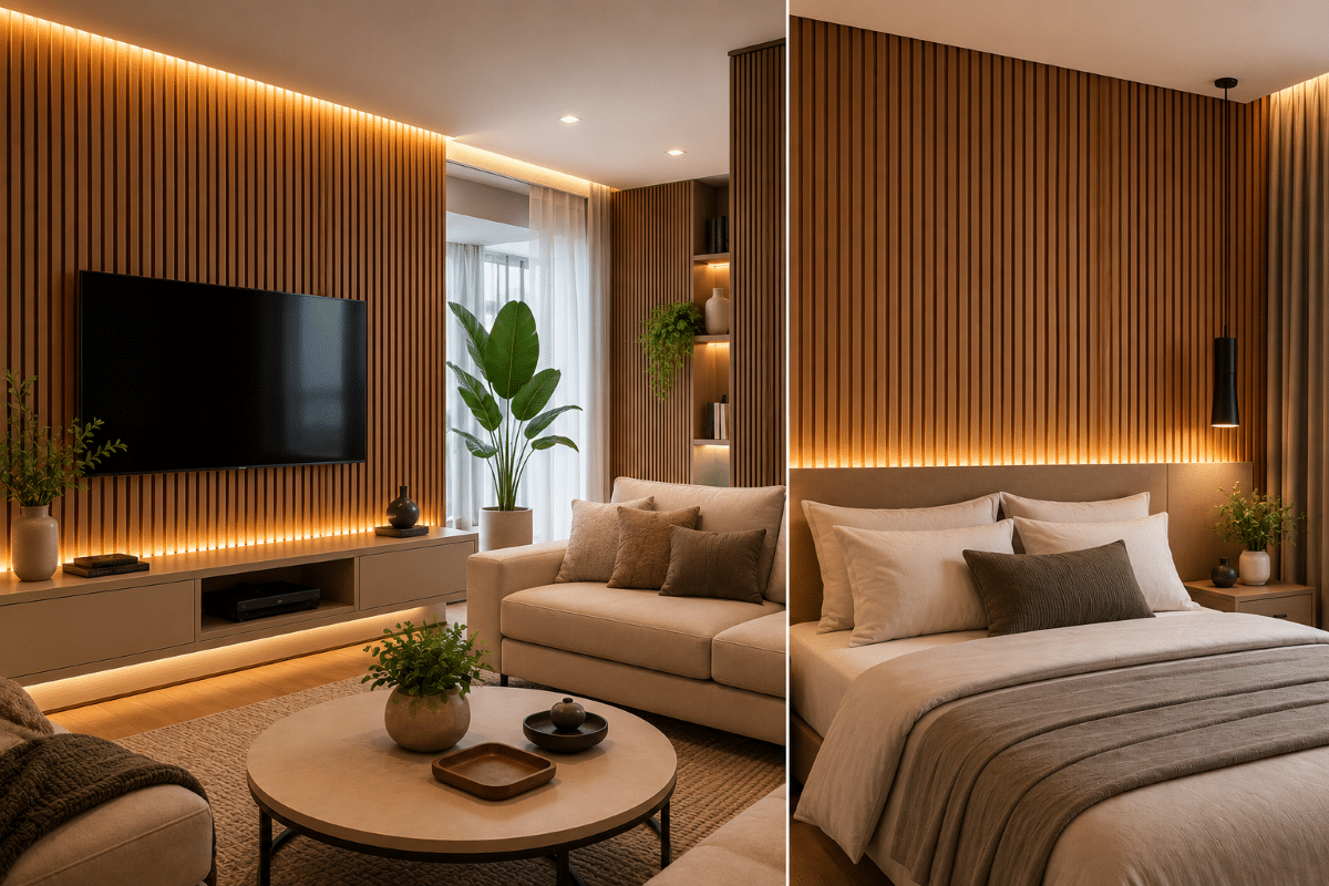 Painel ripado de madeira com LED, sofá bege, plantas, TV e mesa de centro em sala moderna