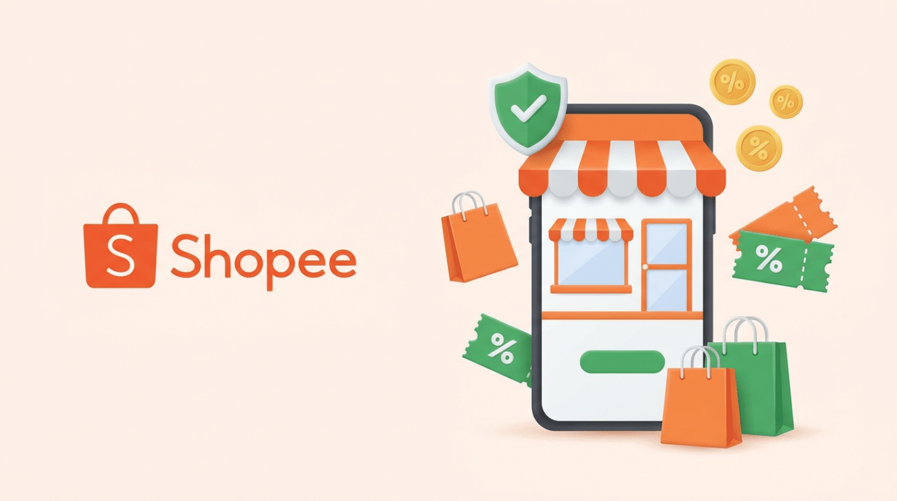 Logo da Shopee ao lado de smartphone com loja virtual, cupons de porcentagem, moedas douradas e sacolas laranja
