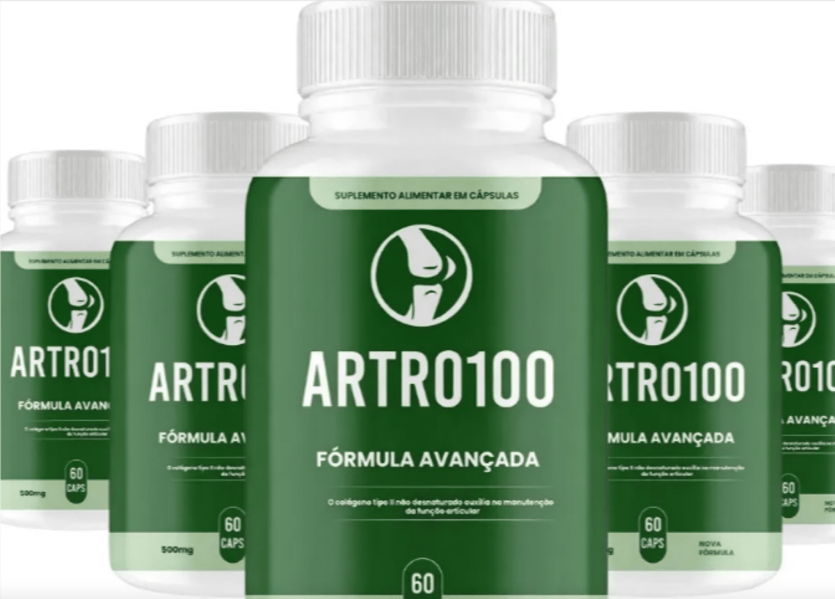 Frascos verdes do suplemento Artro100 com rótulo de fórmula avançada em destaque