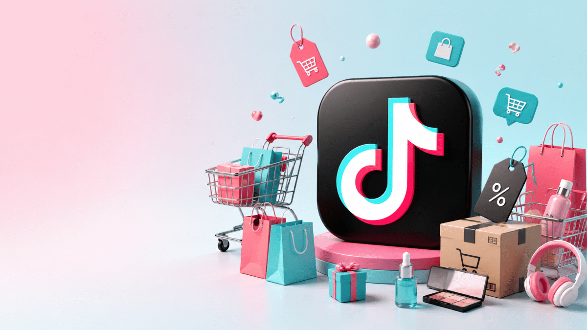 Logo do TikTok cercado por carrinhos de compras, embalagens e caixas em fundo rosa e azul