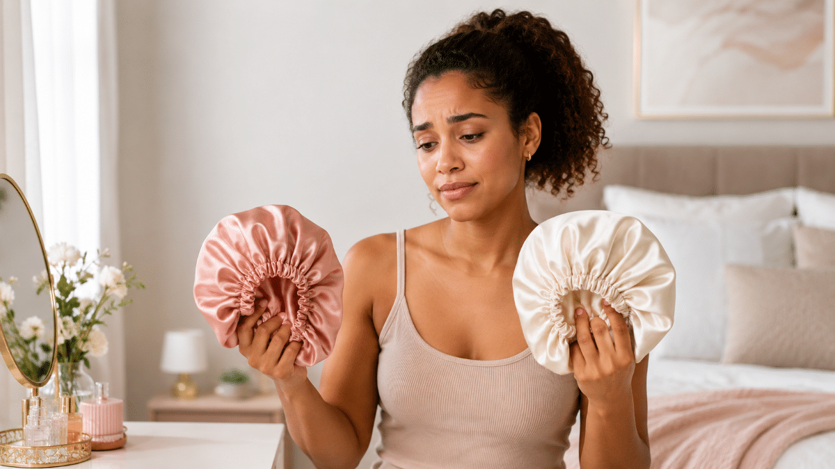Jovem segura toucas de cetim rosa e bege com expressão de dúvida diante de penteadeira