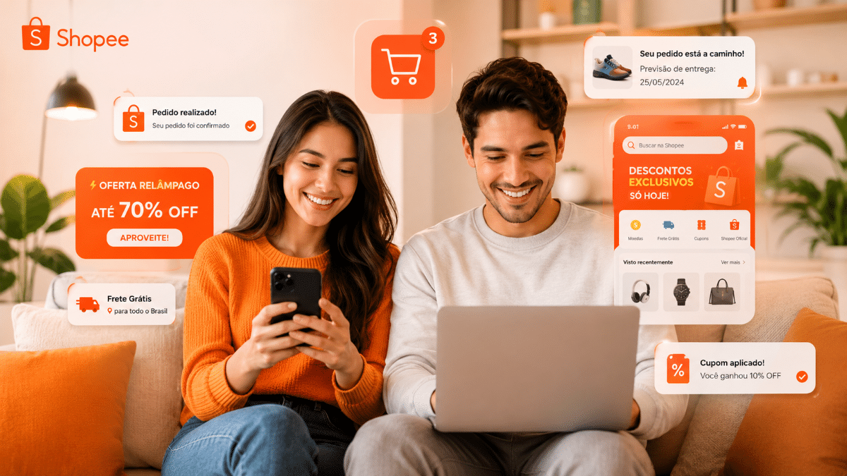 Jovem mulher mexendo no celular e homem no notebook cercados de promoções Shopee e notificações de compra