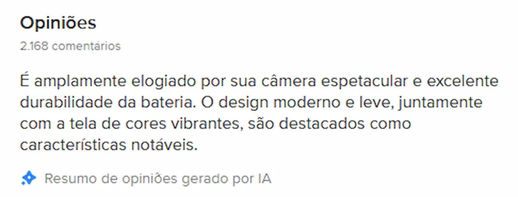 Vale a pena comprar? As análises honestas que te ajudam a não jogar dinheiro fora em 2026 2 Resumo de opiniões gerado por IA sobre o iPhone 17 Pro Max 256GB, destacando câmera, bateria, design e tela com base em comentários de consumidores.
