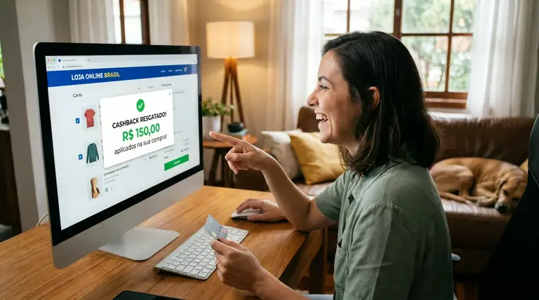 Cupons e cashback em 2026: o passo a passo para pagar menos em quase tudo o que você compra 2 Mulher usando computador para conferir cashback recebido em compra online.