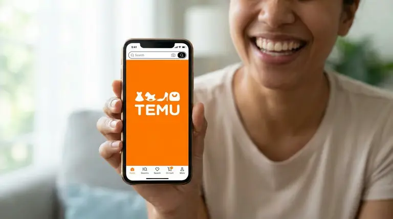 Temu é confiável? Como funciona, como comprar barato e o que saber sobre prazo e taxa em 2026 2 Cliente sorrindo enquanto mostra o aplicativo da Temu aberto no celular, em contexto de compra online confiável.
