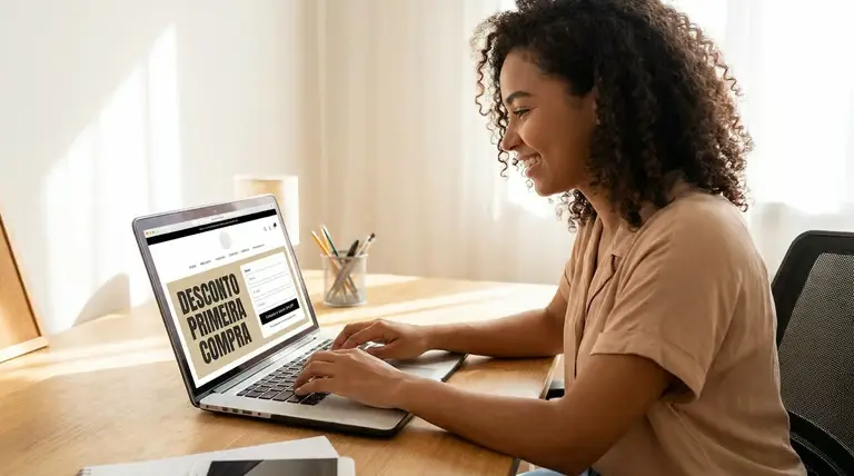 Cupom de primeira compra: onde encontrar os melhores descontos para quem está estreando na loja 2 Mulher realiza cadastro em loja online para obter cupom de primeira compra.
