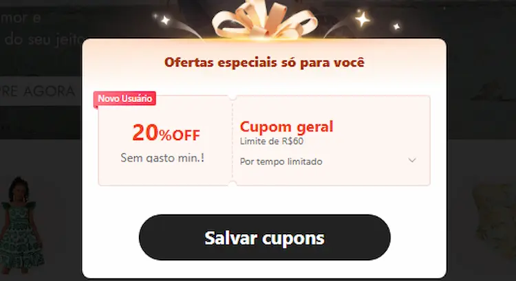 Shein: como usar os cupons, economizar de verdade e o que saber sobre prazo e taxa de importação 3 Pop-up da SHEIN com oferta especial para novo usuário, cupom geral de 20% off sem gasto mínimo e botão para salvar cupons.