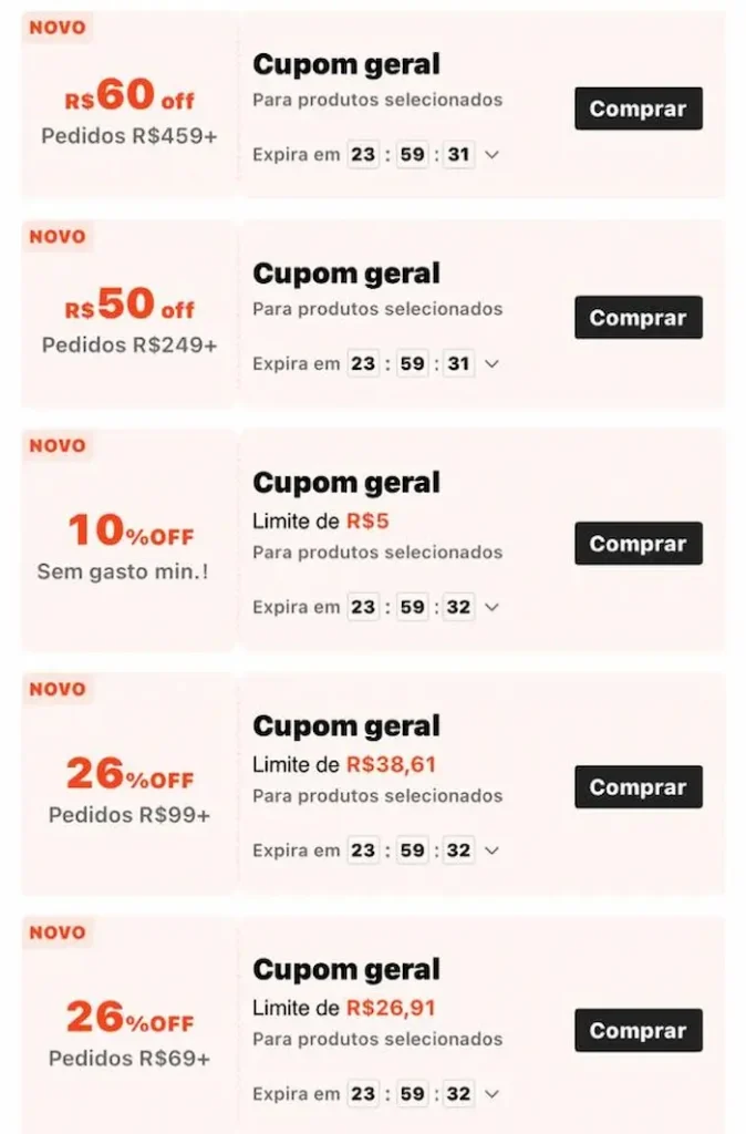Shein: como usar os cupons, economizar de verdade e o que saber sobre prazo e taxa de importação 2 Tela com cupons da SHEIN exibindo descontos em reais e porcentagem, valores mínimos de pedido e contagem regressiva de expiração.