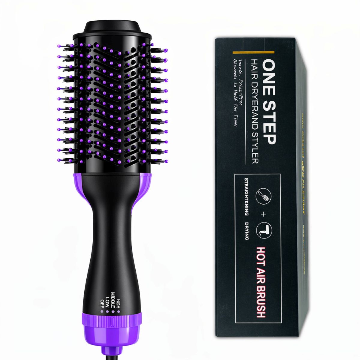 Escova secadora preta e roxa ao lado da caixa com os dizeres One Step Hair Dryer and Styler