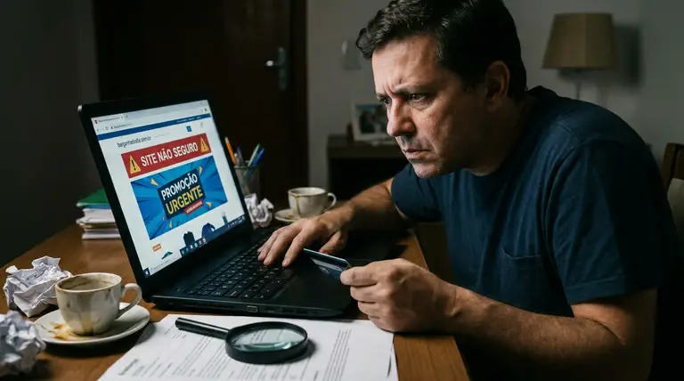Como saber se uma loja online é confiável: 8 sinais para identificar antes de finalizar a compra 2 Homem observa notebook com alerta de site inseguro enquanto segura cartão bancário.