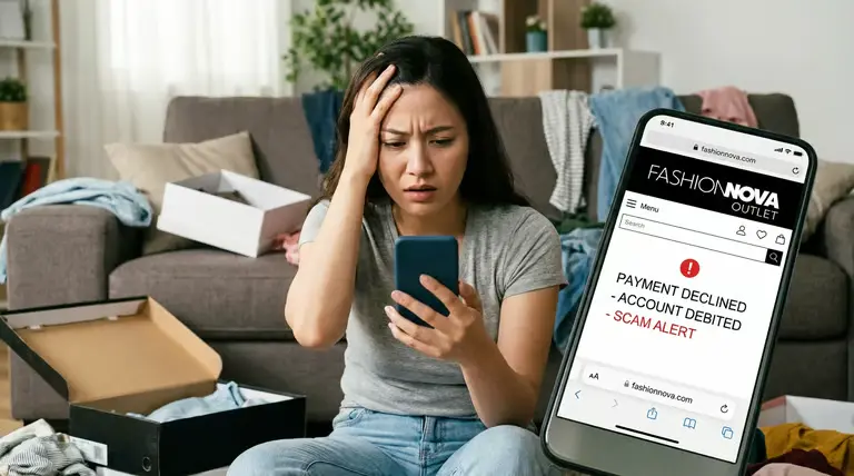 Caiu em um golpe de compra online? Veja o passo a passo do que fazer para tentar reaver o dinheiro 2 Mulher preocupada ao ver no celular alerta de golpe e pagamento recusado após compra online fraudulenta.