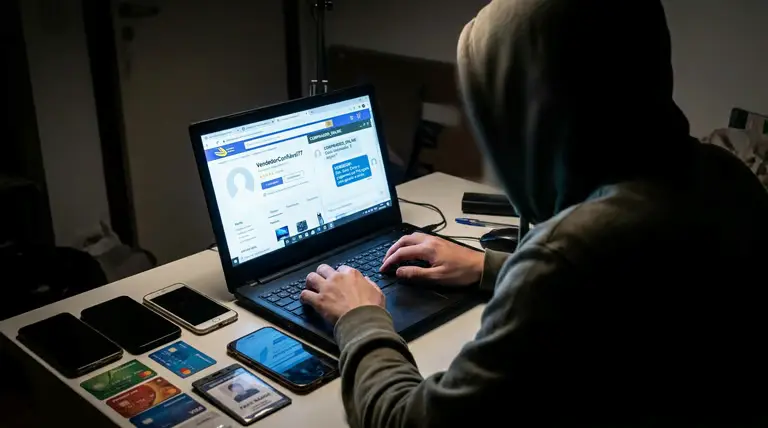 Comprar online com segurança em 2026: o guia completo para não cair em golpe nem em falso desconto 2 Pessoa encapuzada usando notebook com cartões e celulares sobre a mesa em possível golpe digital.
