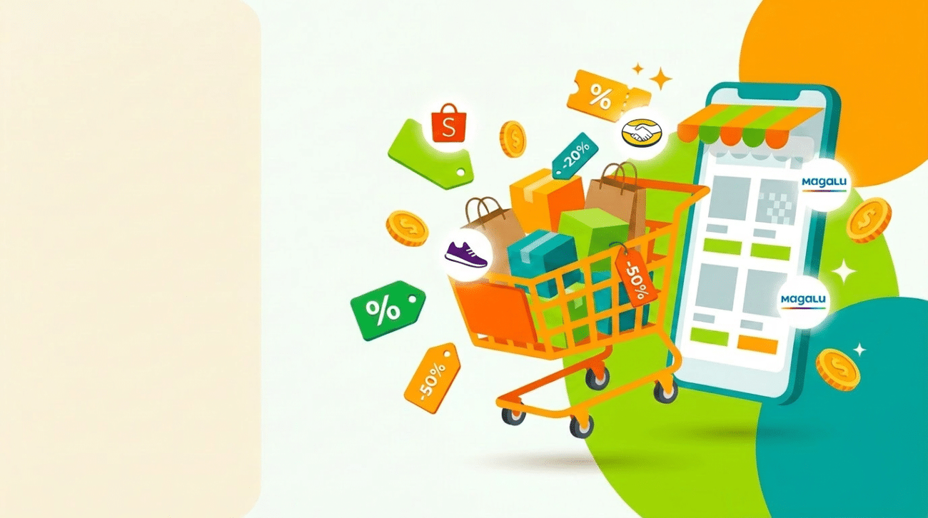 Carrinho de compras laranja com sacolas, etiquetas de desconto, moedas e smartphone com app Magalu e Shopee