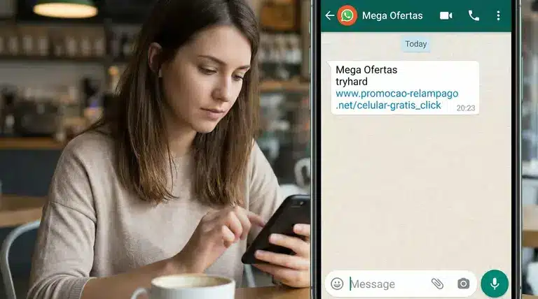 Golpe de promoção no WhatsApp: como reconhecer o link falso e proteger seu dinheiro em 2026 2 Mulher usando celular ao lado de uma conversa no WhatsApp com mensagem de “Mega Ofertas” e link suspeito de promoção falsa.