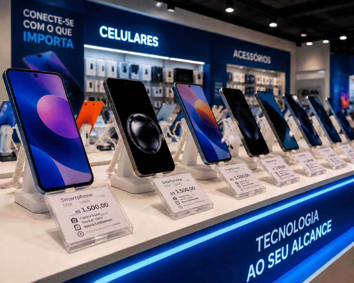 Diversos smartphones expostos em bancada iluminada, etiquetas de preço na frente e letreiros de celulares e acessórios ao fundo