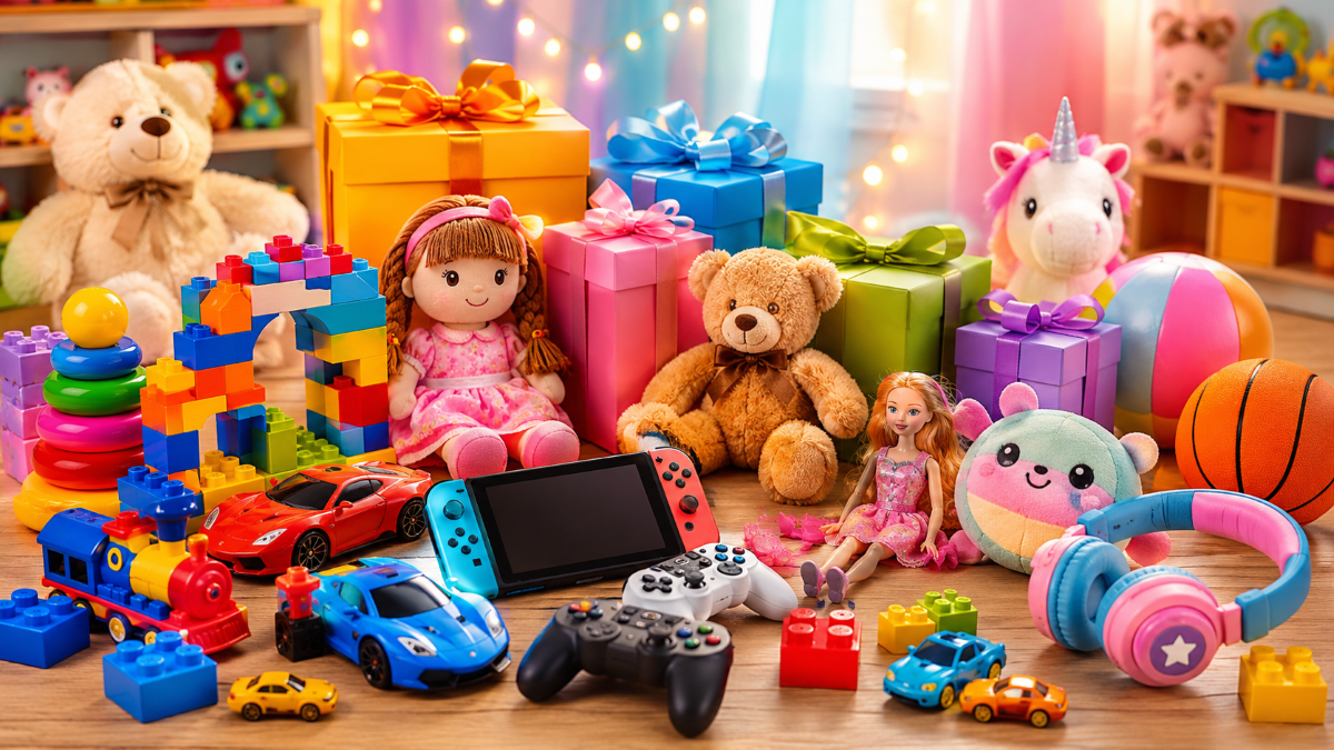 Dia das Crianças 2026: brinquedos, games e presentes com desconto que as crianças vão amar 2 Brinquedos variados como pelúcias, bonecas, blocos de montar, carrinhos e caixas de presente coloridas em ambiente infantil