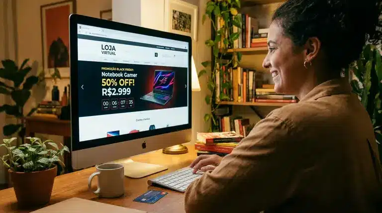 Como juntar cupom, cashback e promoção na mesma compra e economizar o máximo possível em 2026 3 Mulher comprando em loja virtual e buscando desconto com cupom, cashback e promoção.