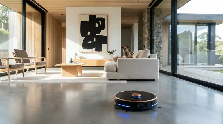 Robô aspirador vale a pena? O que considerar antes de comprar e para quem realmente compensa 2 Robô aspirador limpando piso de sala ampla com sofá e área envidraçada.