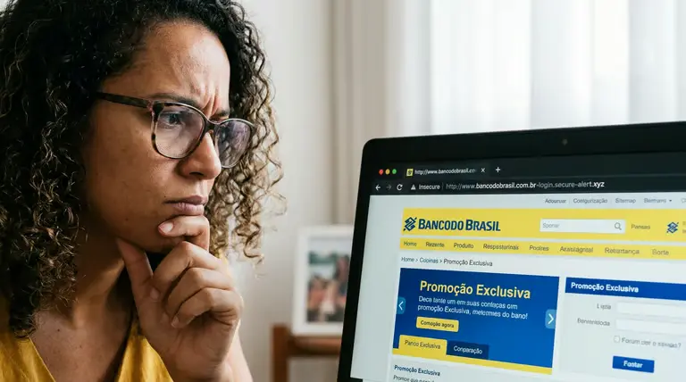 Site clonado e phishing: como identificar uma página falsa antes de digitar seus dados em 2026 2 Alerta sobre sites falsos e mensagens alarmistas usadas em golpes de phishing.