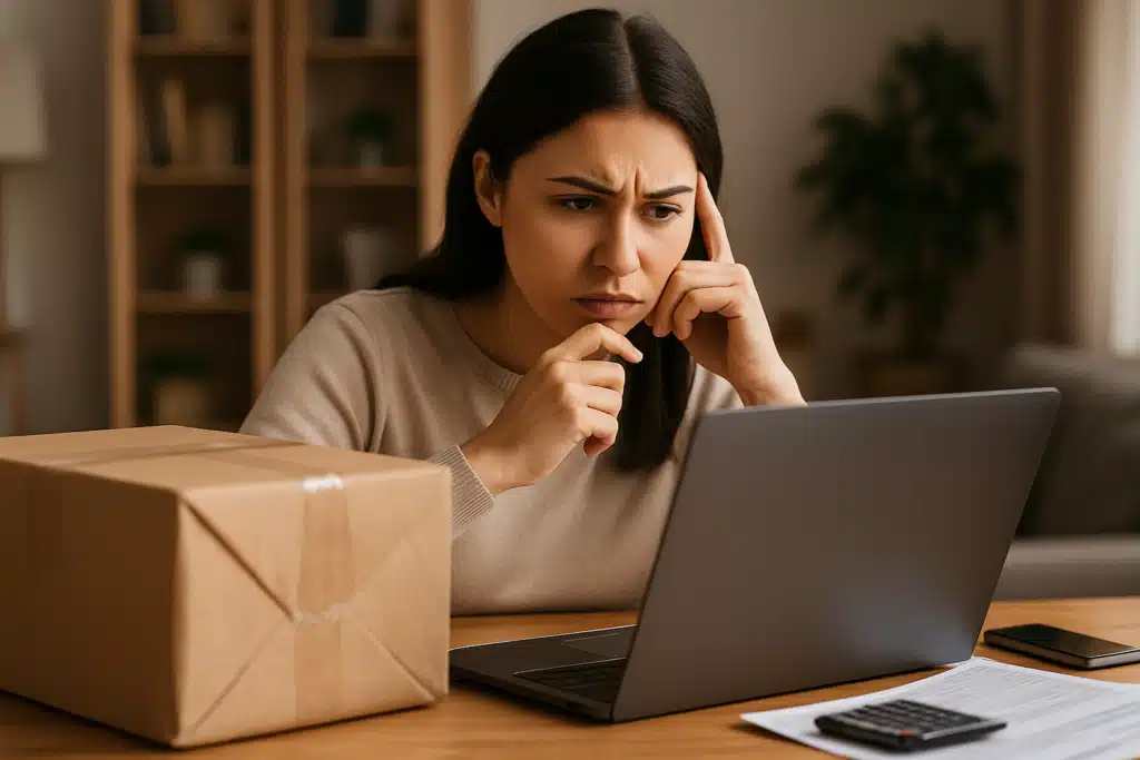 Taxa das blusinhas volta em 2027: veja como fica a compra em sites como Shein e Shopee 2 Mulher jovem olhando séria para notebook ao lado de caixa de papelão e documentos
