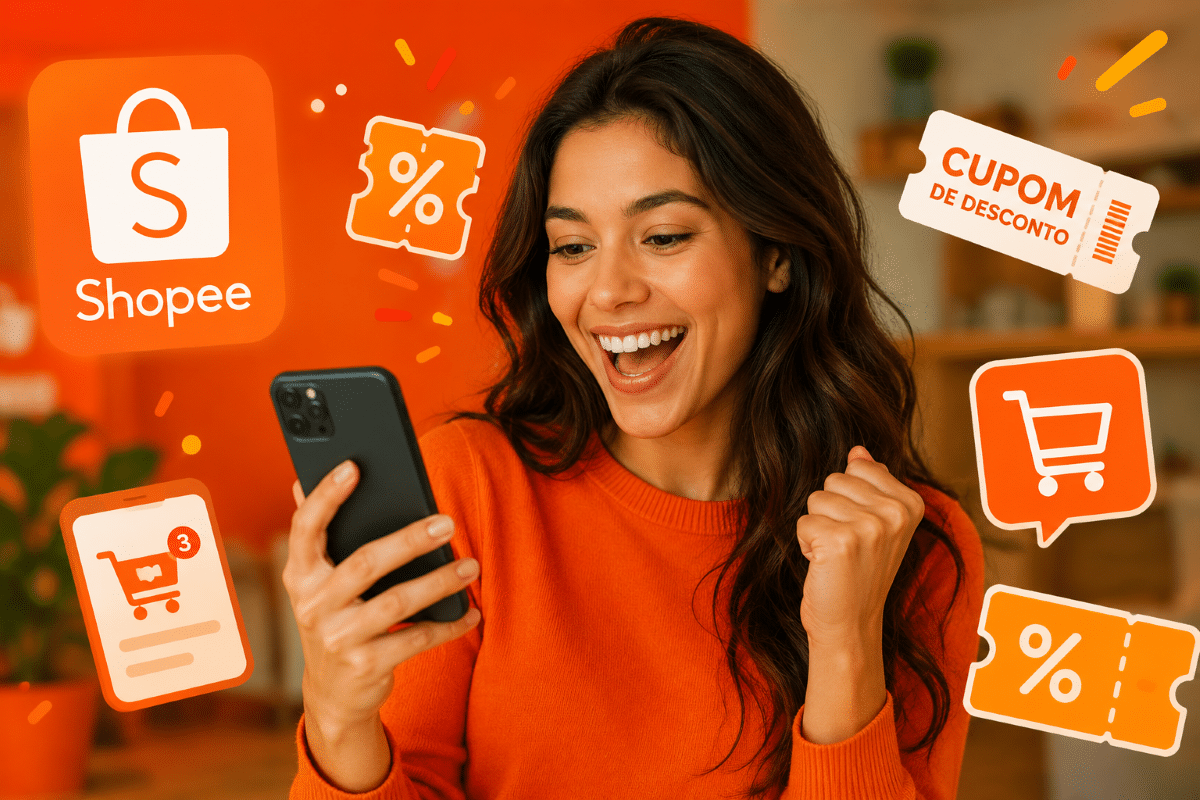 Mulher sorrindo olha celular cercada de ícones Shopee cupons e porcentagens laranja