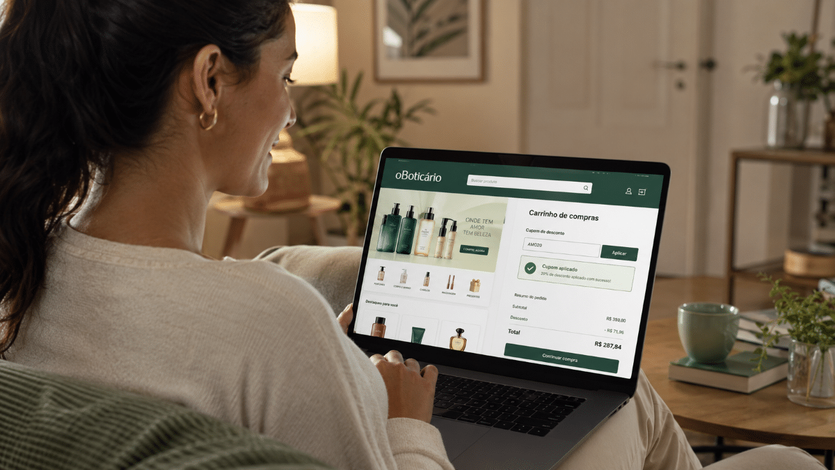 Mulher usando notebook no sofá enquanto navega no site do Boticário e aplica cupom de 20% de desconto no carrinho
