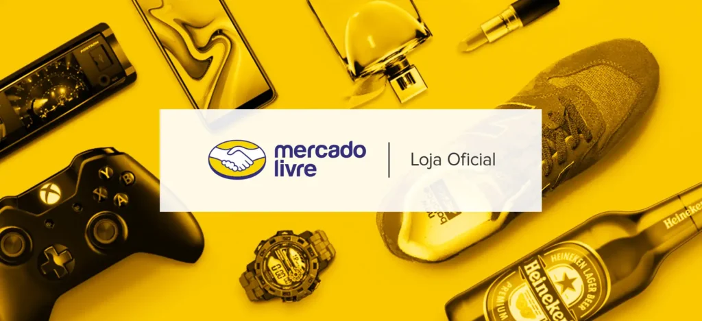 Gerar cupons no Mercado Livre: veja como fazer passo a passo 2 Logo do Mercado Livre com controle Xbox, relógio digital, tênis, perfume, cerveja Heineken e itens variados sobre fundo amarelo