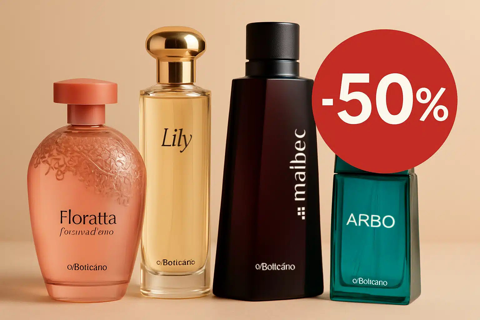 Perfumes O Boticário com até 50% de desconto; confira as fragrâncias femininas e masculinas disponíveis 2 Quatro perfumes O Boticário com rótulos Floratta, Lily, Malbec, Arbo ao lado de selo vermelho -50%