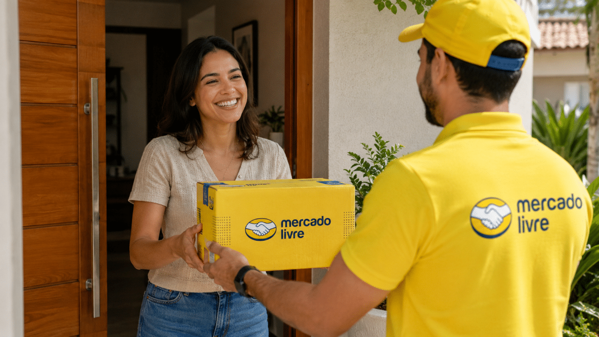 Mulher sorrindo recebe caixa amarela do Mercado Livre de entregador uniformizado na porta de casa