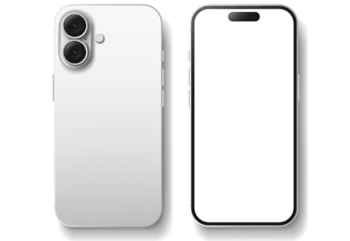 Smartphone branco com duas câmeras traseiras grandes e tela frontal notch centralizado
