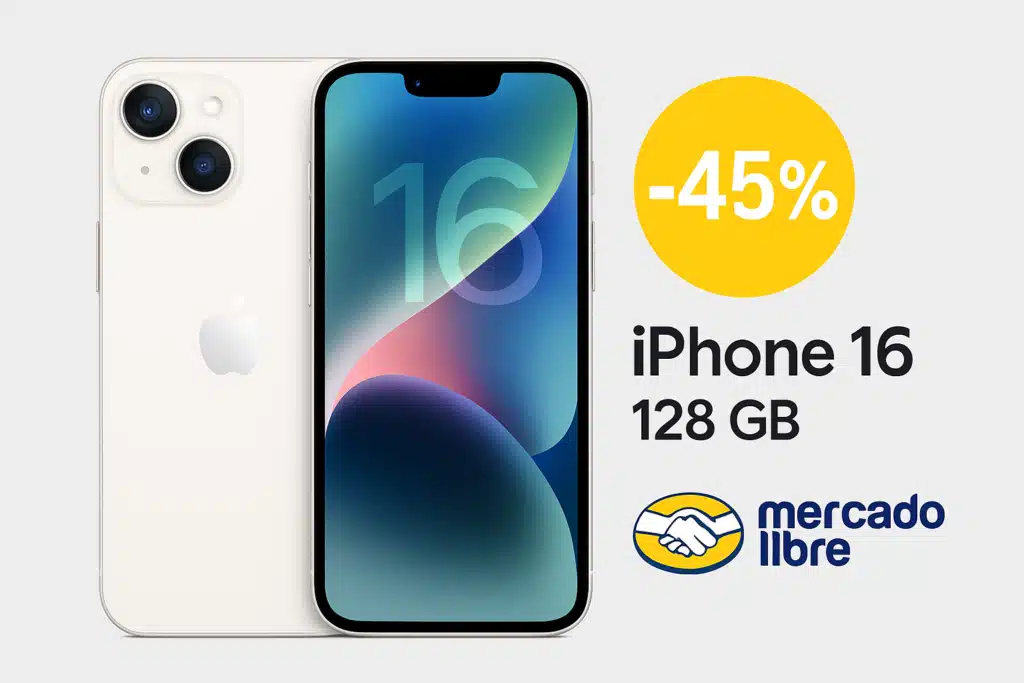 Mercado Livre tem iPhone 16 Branco de 128 GB com 45% de desconto direto na Loja Oficial Apple 2 iPhone 16 branco com tela ligada ao lado de anúncio de 45% off e logo Mercado Livre