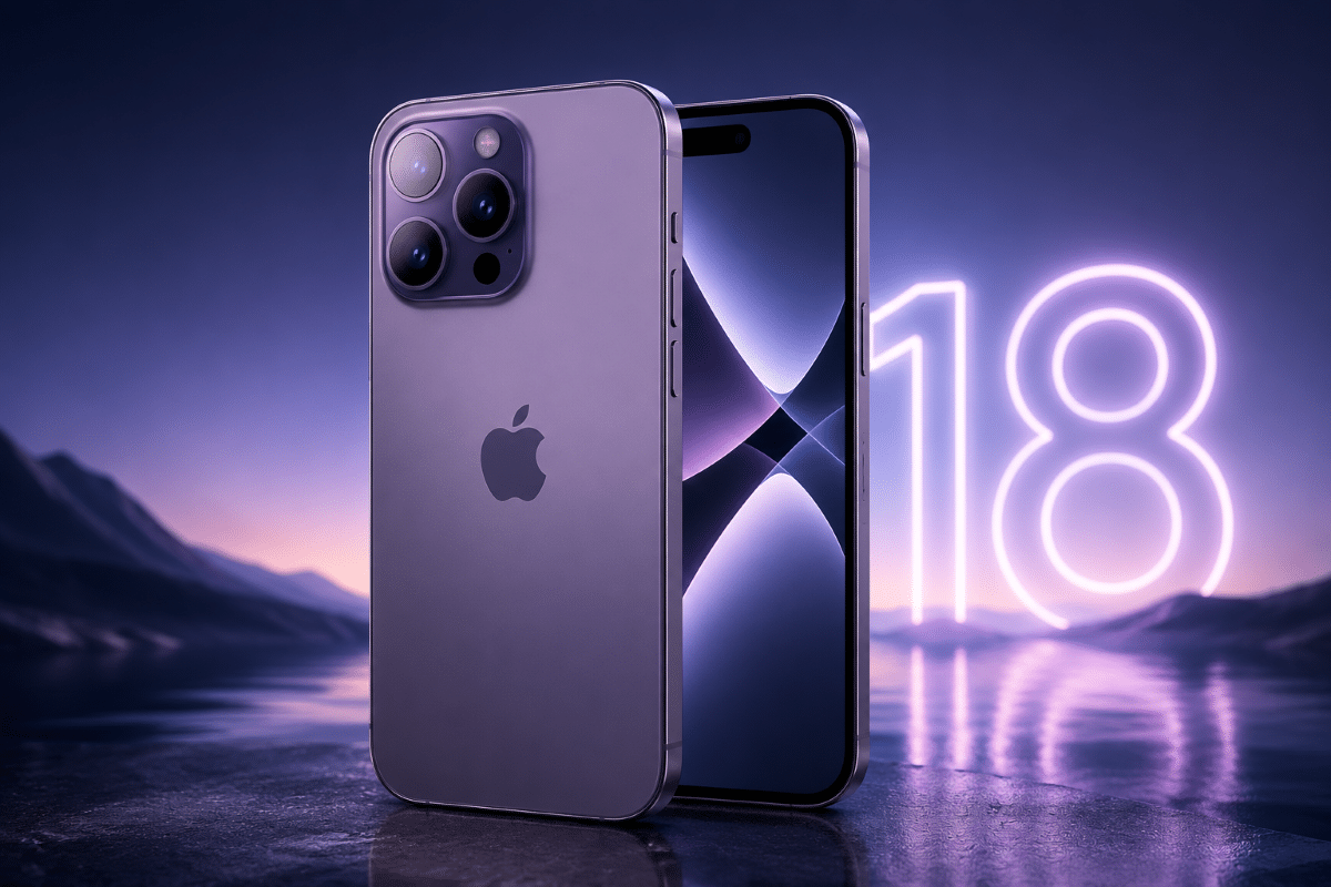 iPhone 18 em destaque com três câmeras e fundo roxo iluminado, número 18 brilhante