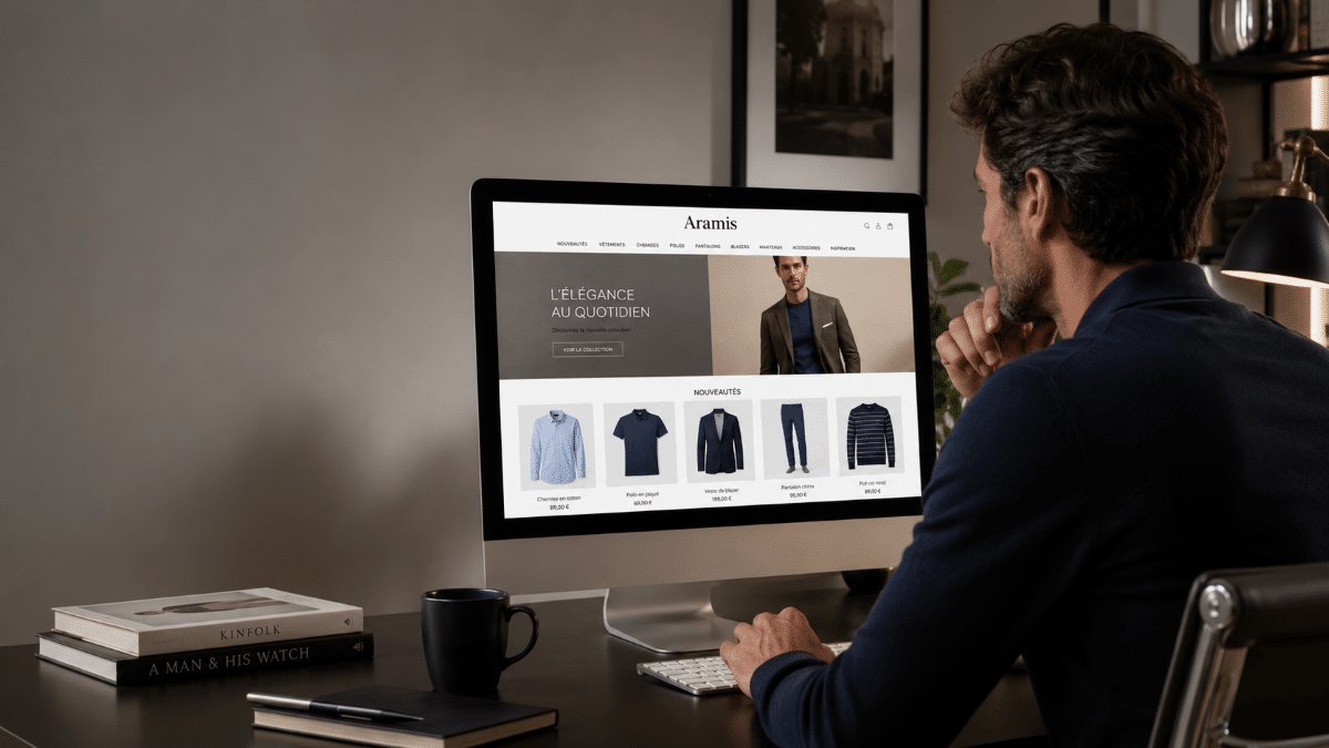 Homem acessa site Aramis em computador de mesa, navegando por roupas masculinas com destaque para novidades