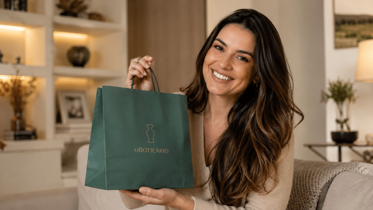 Mulher jovem de cabelos castanhos longos sorrindo enquanto segura uma sacola verde do O Boticário em uma sala iluminada